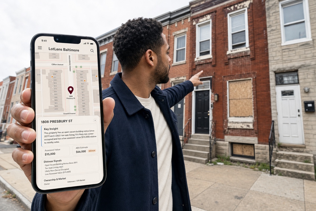 Investor reviewing Groundary on a phone in a Baltimore rowhouse neighborhood